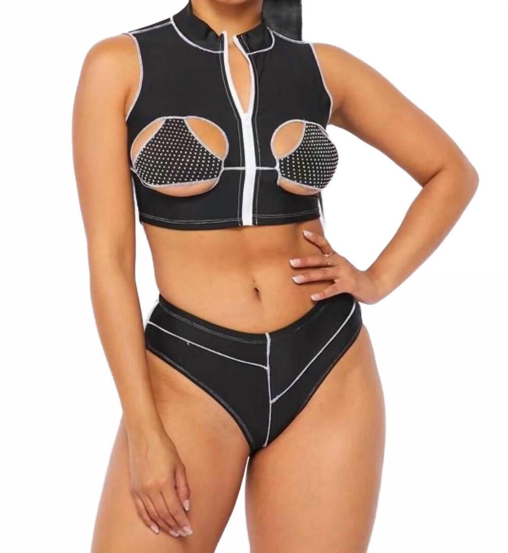 NEW HOT & DELICIOUS fair game crop rhinestone swim set in black